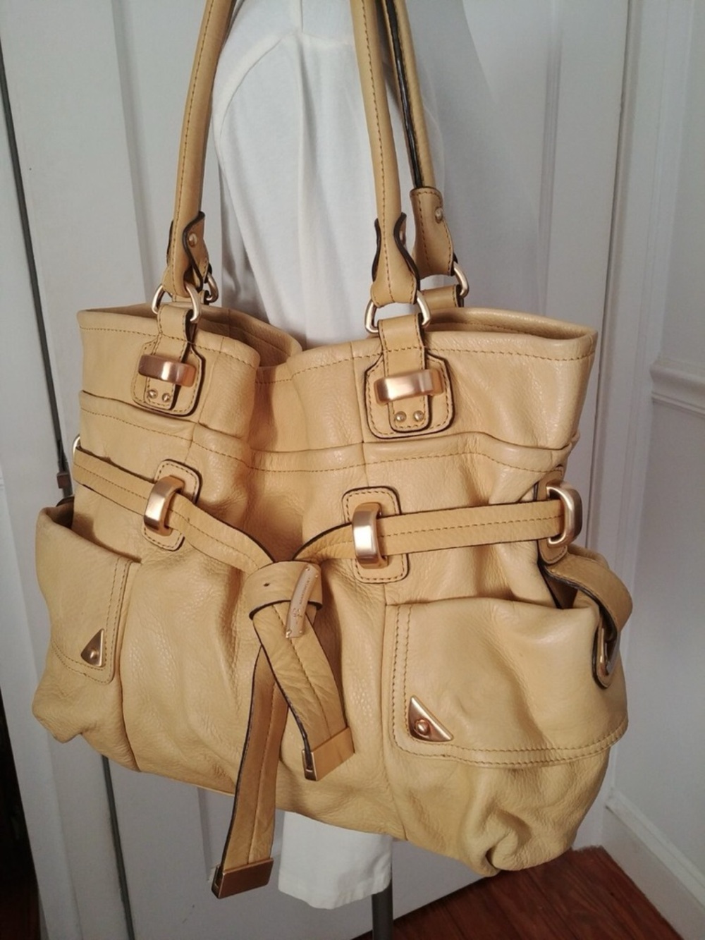 b. makowsky Cream Leather Shoulder Tote with Gold Accents